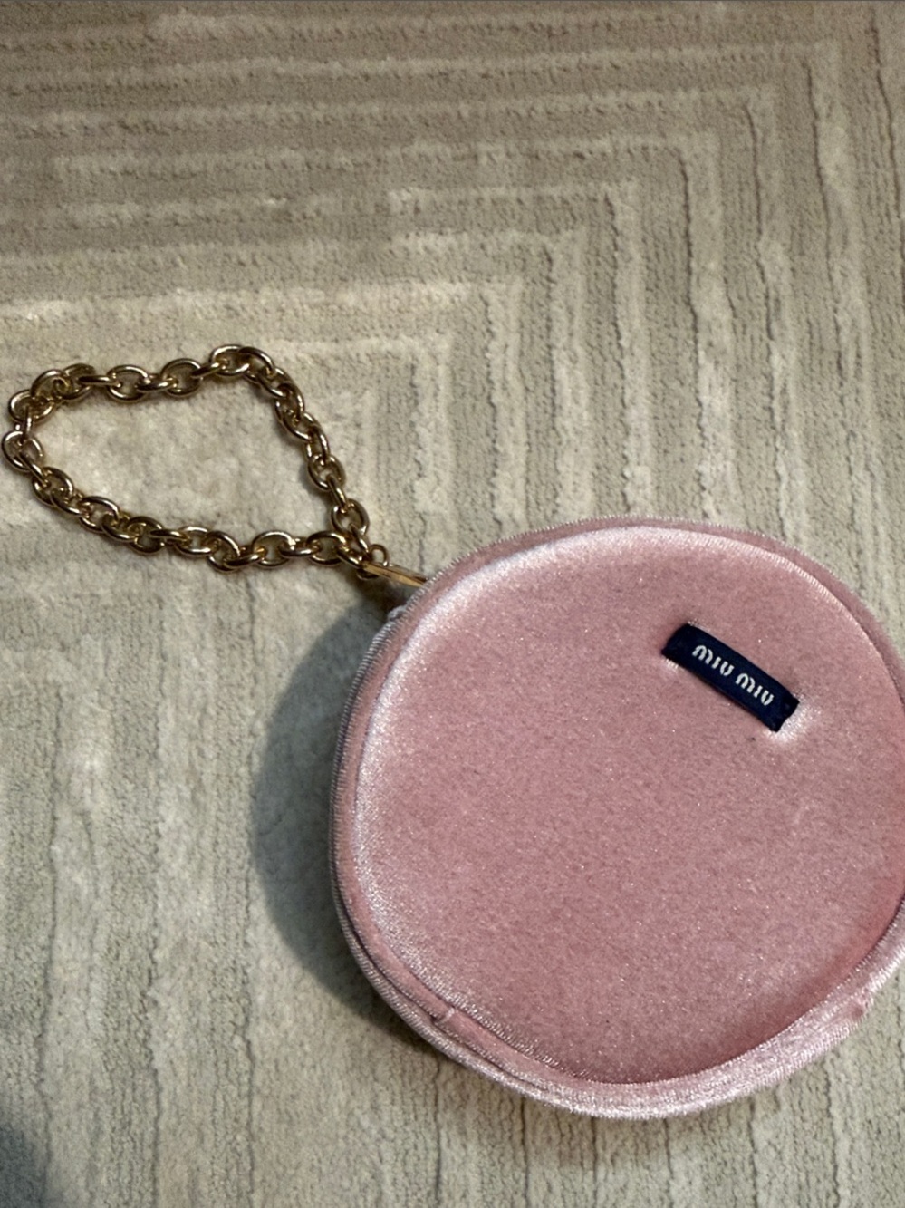 Miu Miu Blush Pink Velvet Round Wristlet with Gold Chain